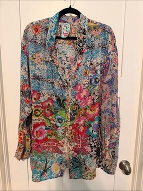 Johnny Was Vibrant Floral Patchwork Button-Down Blouse in Turquoise and Pink